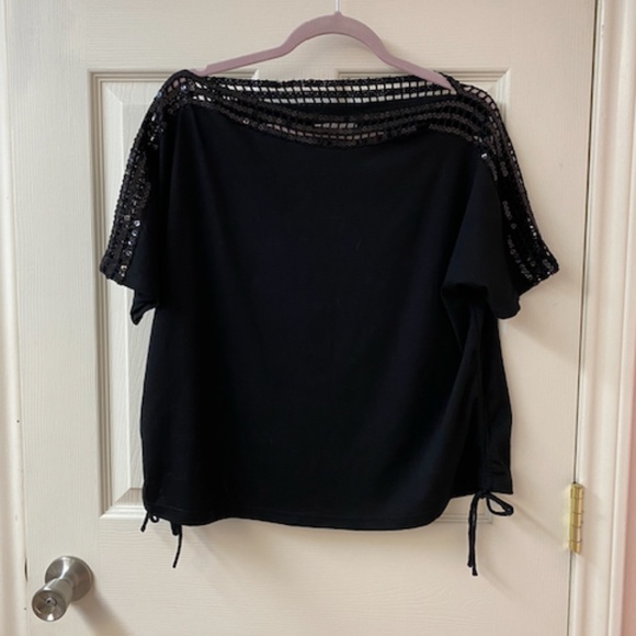 Black sequined boat neck top, approx size XL - Picture 1 of 3
